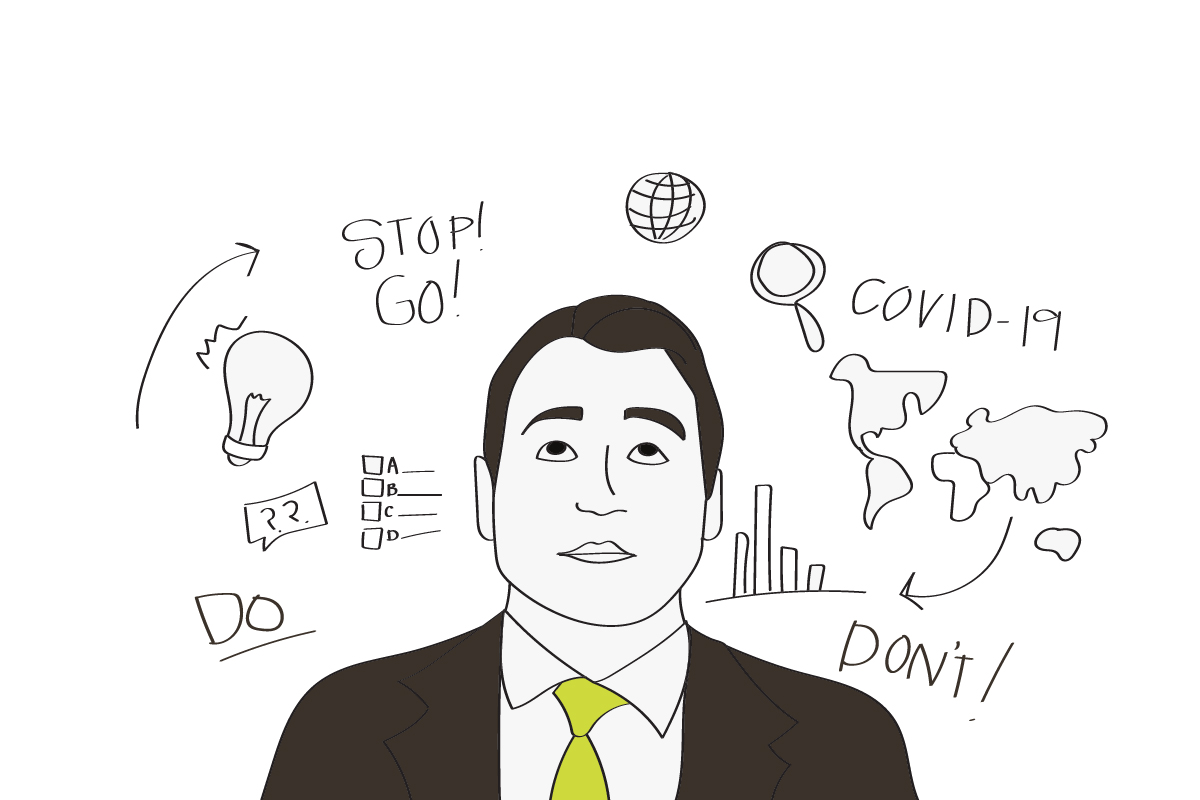 Man looking overwhelmed with a crisis wondering how to develop a marketing communication strategy during a pandemic