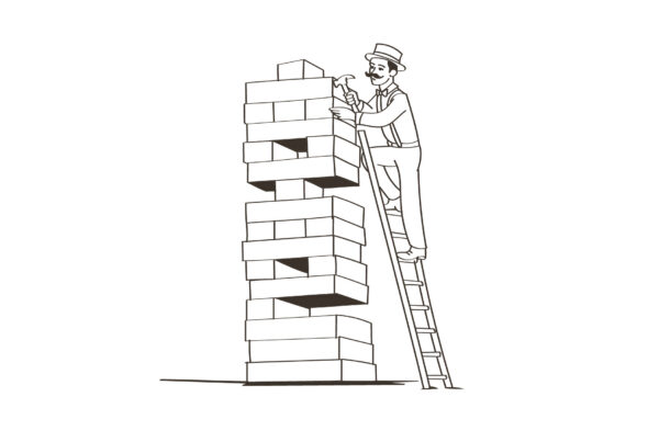 Illustration of a man on a ladder carefully adjusting a stacked block tower