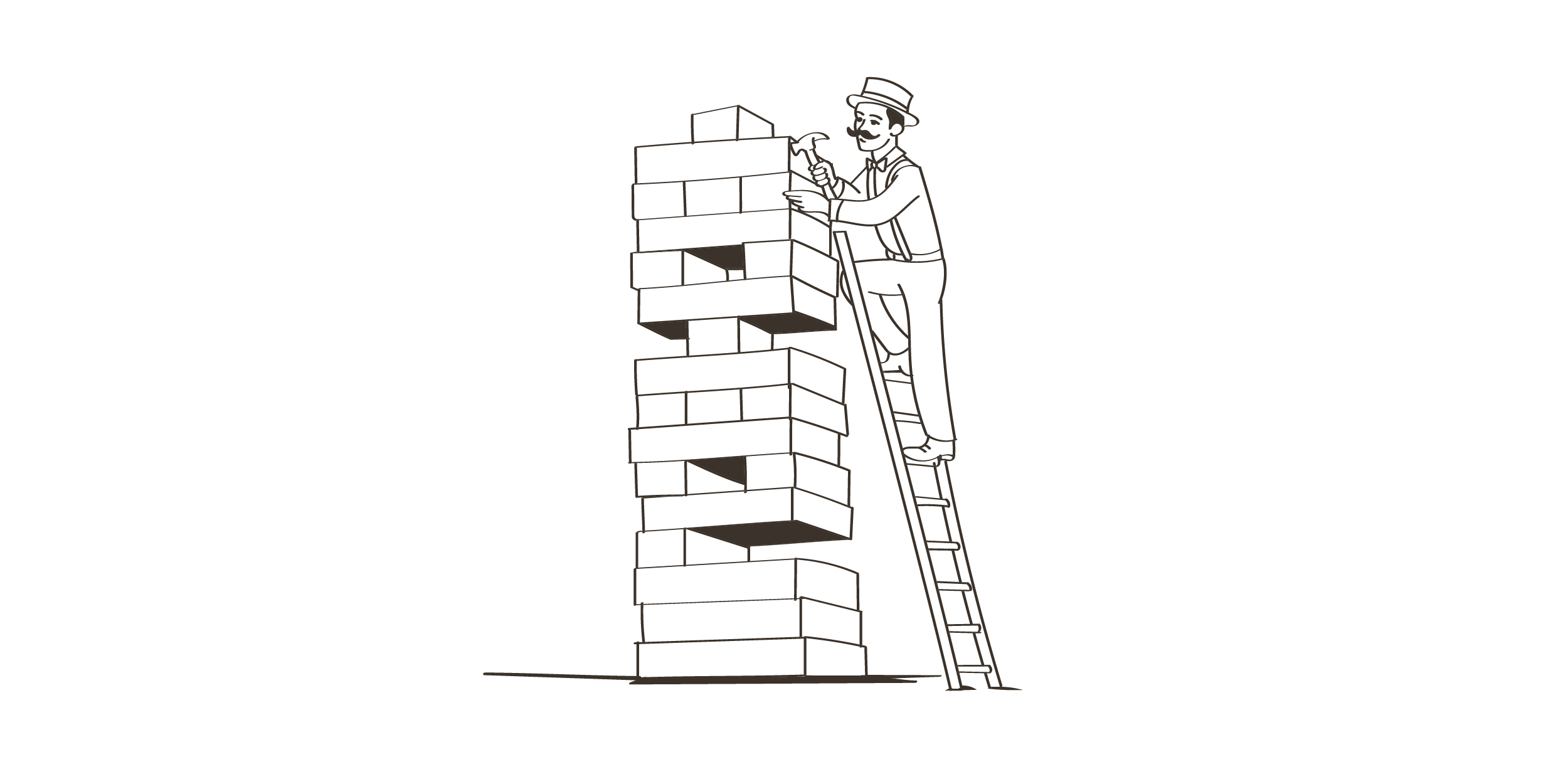 Illustration of a man on a ladder carefully adjusting a stacked block tower