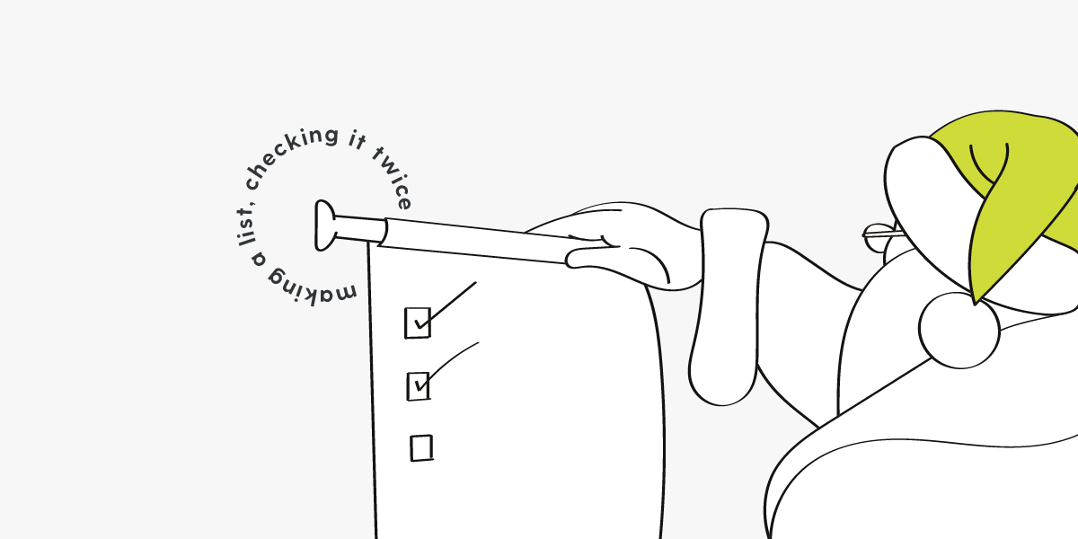 Santa illustration reviewing a marketing planning checklist, checking it twice