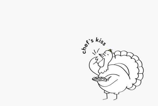 A Thanksgiving turkey holding a pie in its arms.