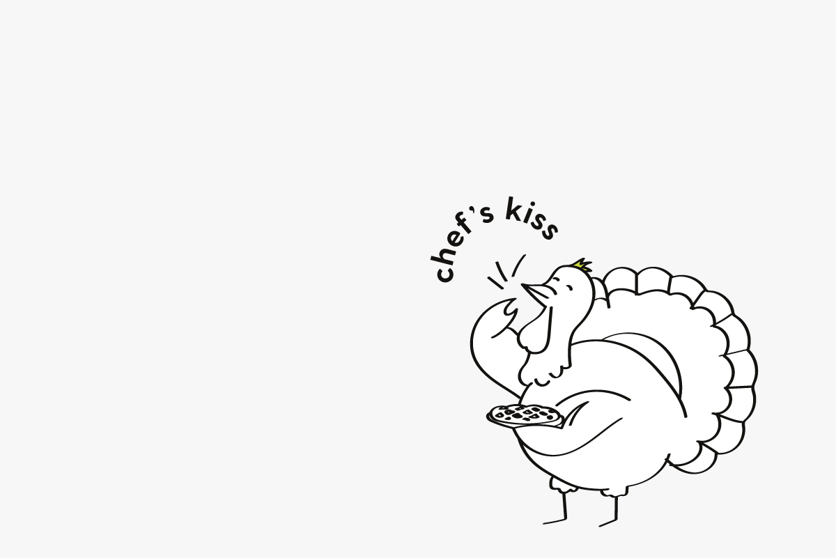 A Thanksgiving turkey holding a pie in its arms.