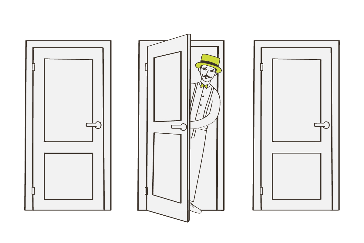 Outmark brand ambassador Otto stepping through a the middle of three doors, here to help readers pick a marketing outsourcing patner.