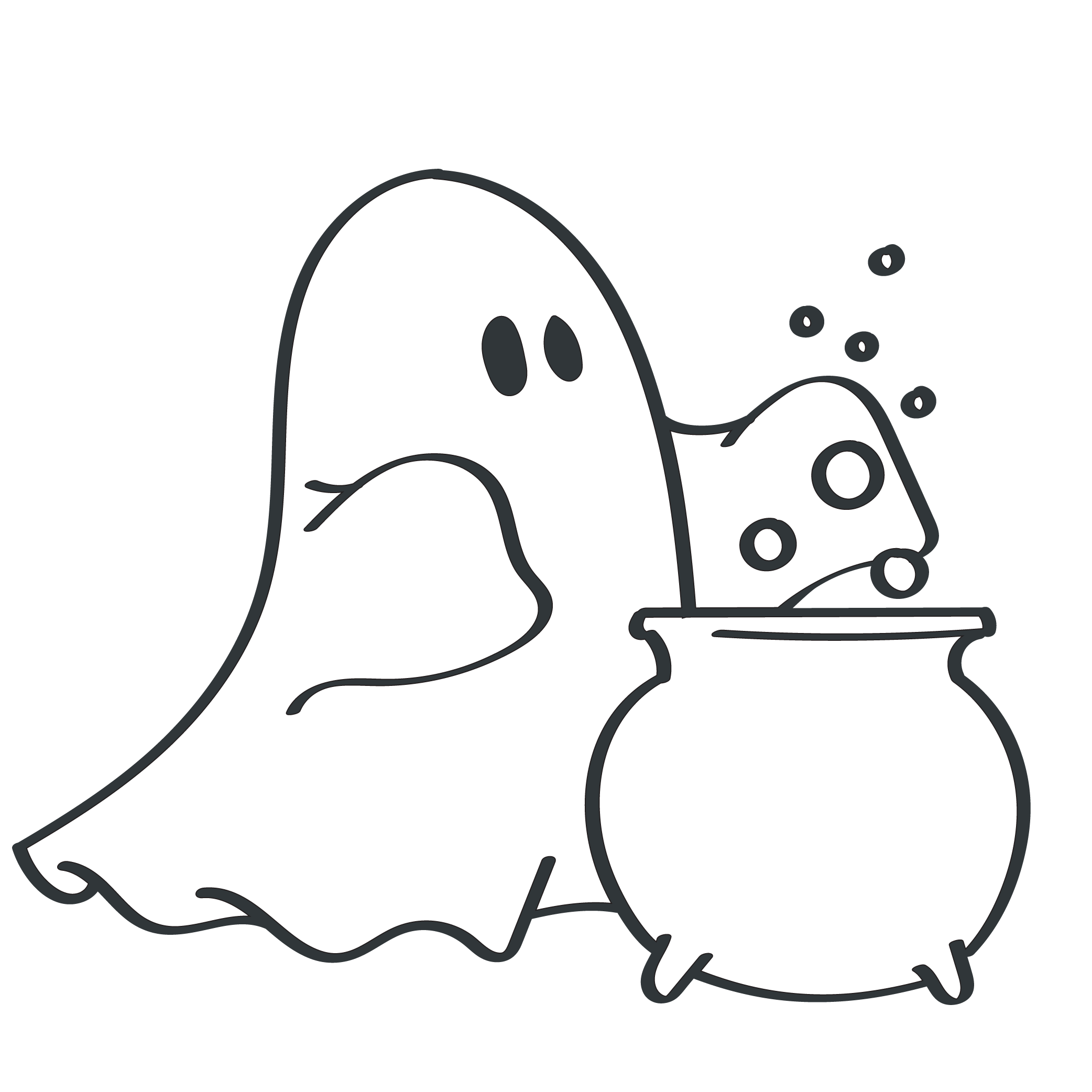 A ghost brewing a magical marketing plan in a couldron.