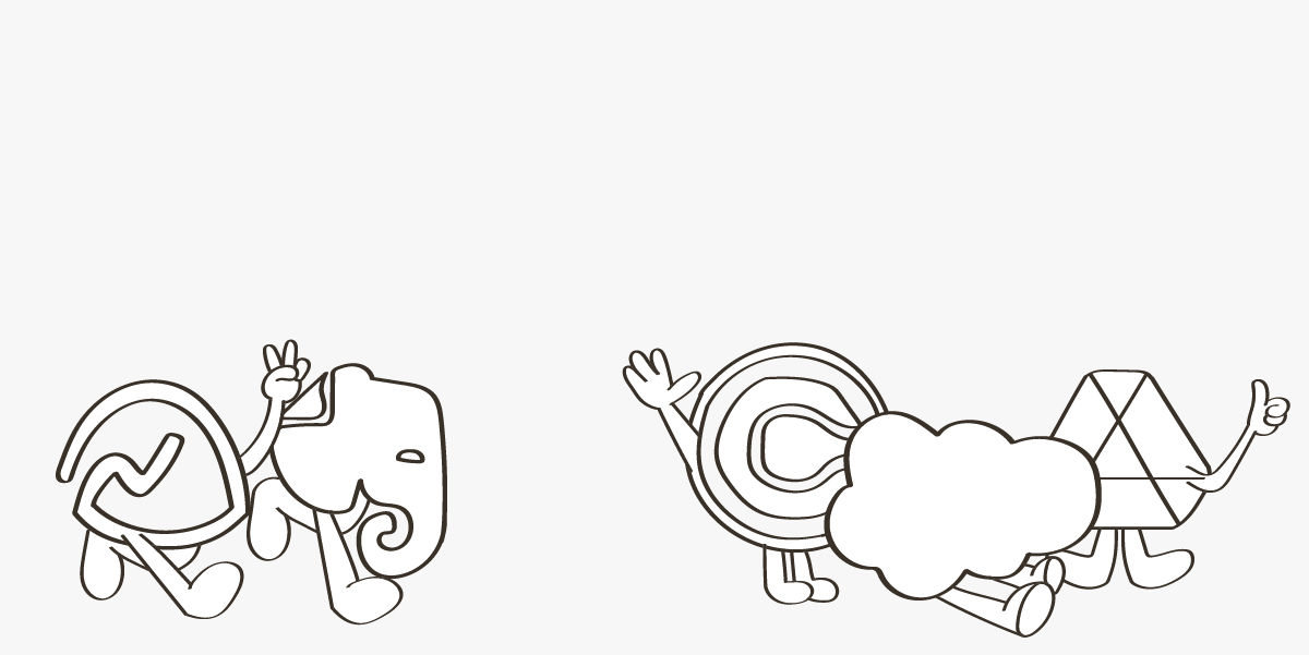 An illustration of different organizational tools icons: basecamp, evernote, calendly, salesforce, and google suite
