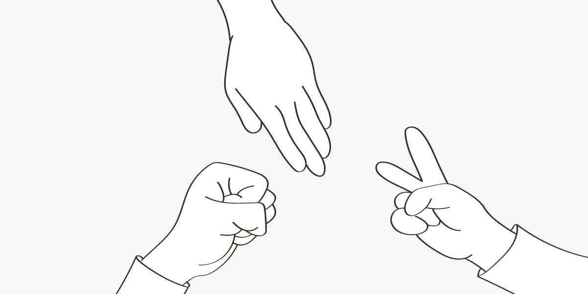 An illustration of 3 hands doing rock, paper, scissors on a blog about types of marketing