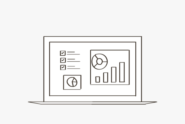 An illustration of marketing analytics and graphs on a laptop